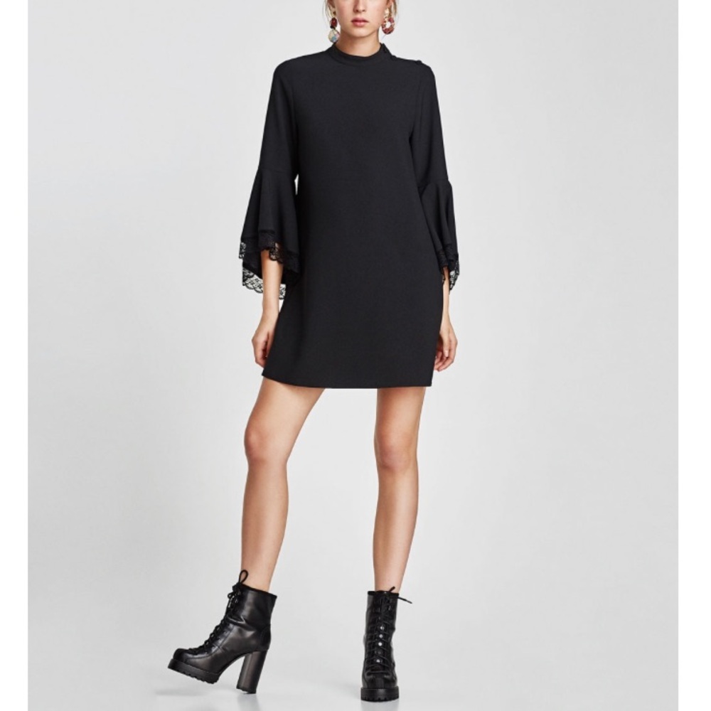 Zara dress with lace trim bell sleeves in black Size XS NWOT